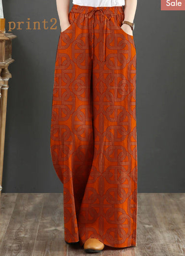 Orange-print3 Elastic Waist Linen Straight Pants Color Drawstring Summer