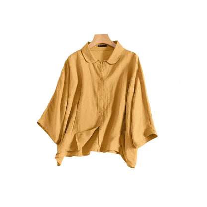 Fine Yellow Bat Wing Sleeve Peter Pan Collar Button Fall Blouse Tops