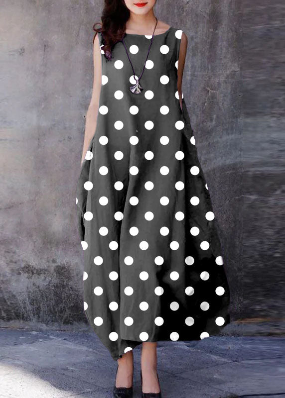 Grey Polka Dots O-neck Exra Large Hem Cotton Dresses Sleeveless