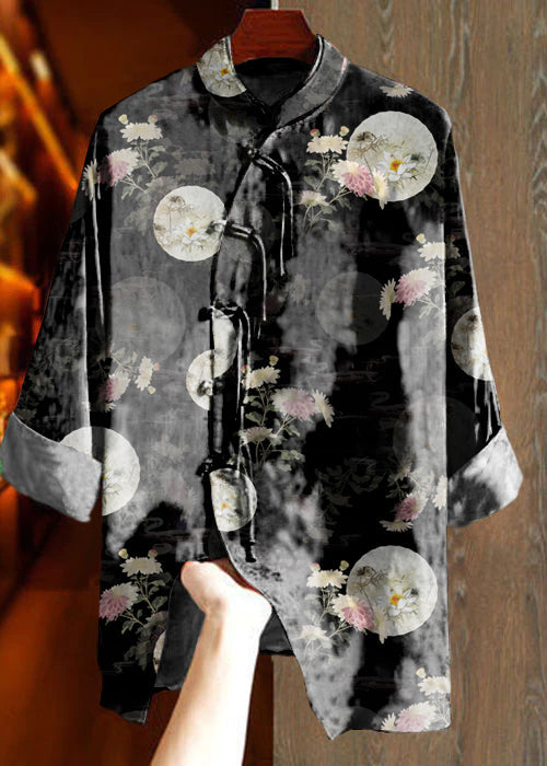 Art Black Polka Dots Double-layer Collar Asymmetrical Jacquard Silk Shirt Top Fall