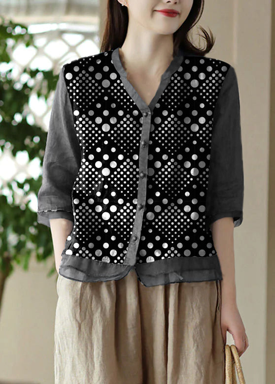 Black Strips V Neck Embroidered Ramie Shirt Half Sleeve
