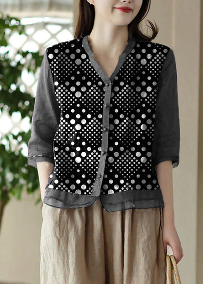Black Polka Dots V Neck Embroidered Ramie Shirt Half Sleeve