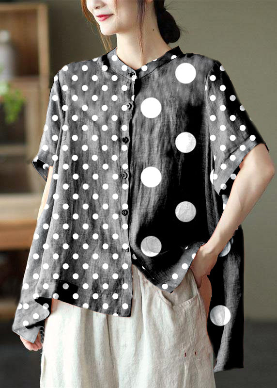 Black Strips Summer Side Open Stand Collar Ramie Loose Short Sleeve