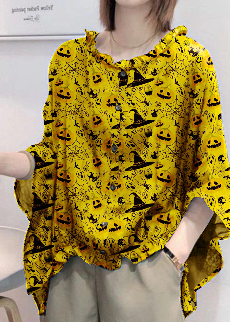 Art Dark Blue-pumpkin Tops Ruffles Trim Half Sleeve Shirts Blouse
