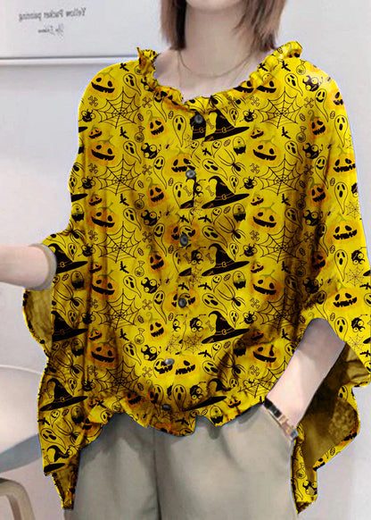Art Yellow Tops Ruffles Trim Half Sleeve Shirts Blouse