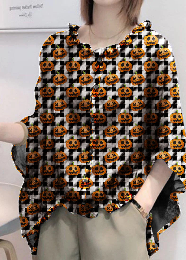 Art Checkered Pumpkin Tops Ruffles Trim Half Sleeve Shirts Blouse