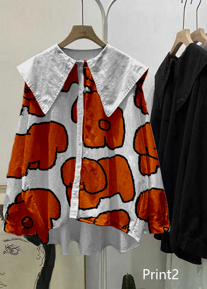 Bohemian Print3 Peter Pan Collar Button asymmetrical design Fall Long sleeve Top