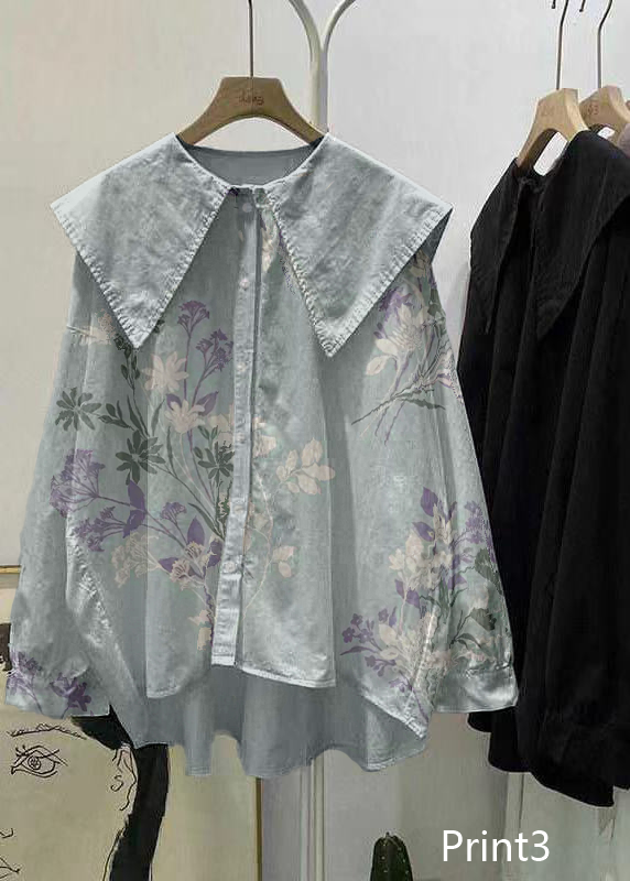 Print2 Peter Pan Collar Button Asymmetrical Design Fall Long Sleeve Top