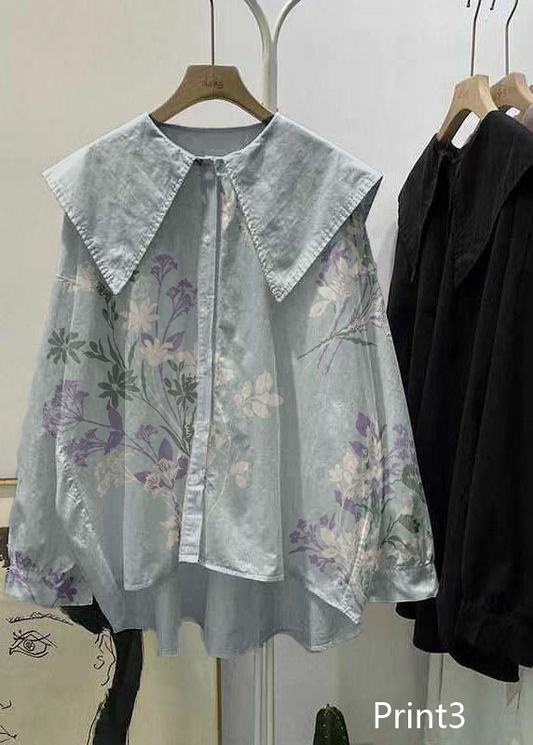 Bohemian Print3 Peter Pan Collar Button asymmetrical design Fall Long sleeve Top