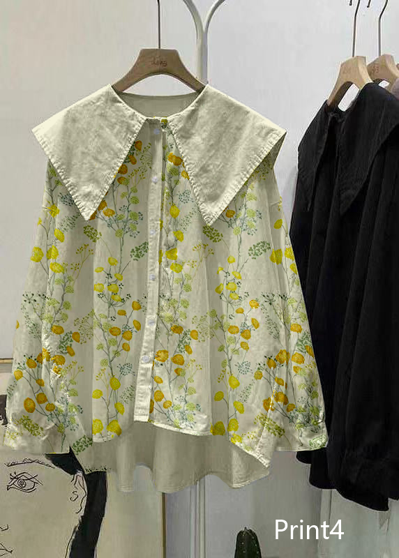 Print4 Peter Pan Collar Button Asymmetrical Design Fall Long Sleeve Top