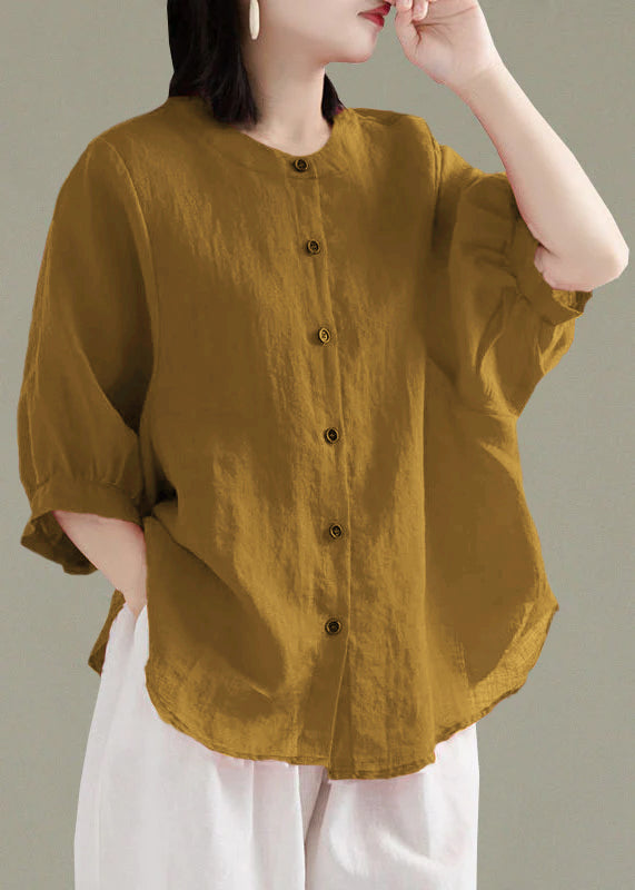 Art Print4 O-neck Button Linen Loose Shirt Top Lantern Sleeve