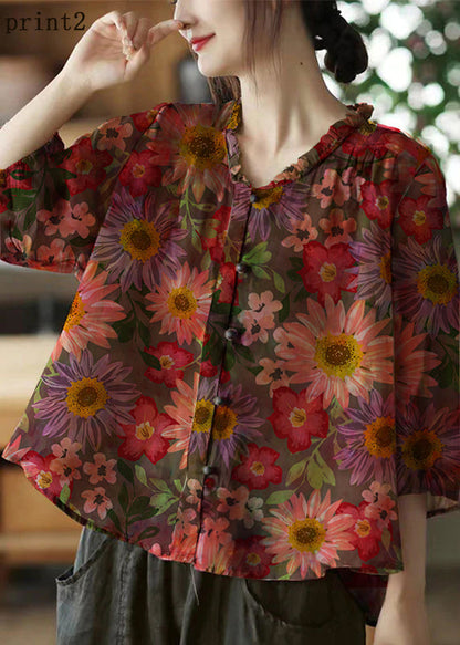 Pink V Neck Ruffled Print Linen Blouse Top Half Sleeve