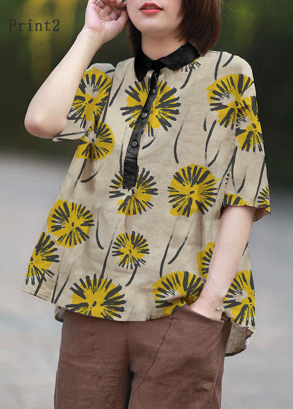 Beige-print3 Peter Pan Collar Print Summer Linen Blouses Half Sleeve
