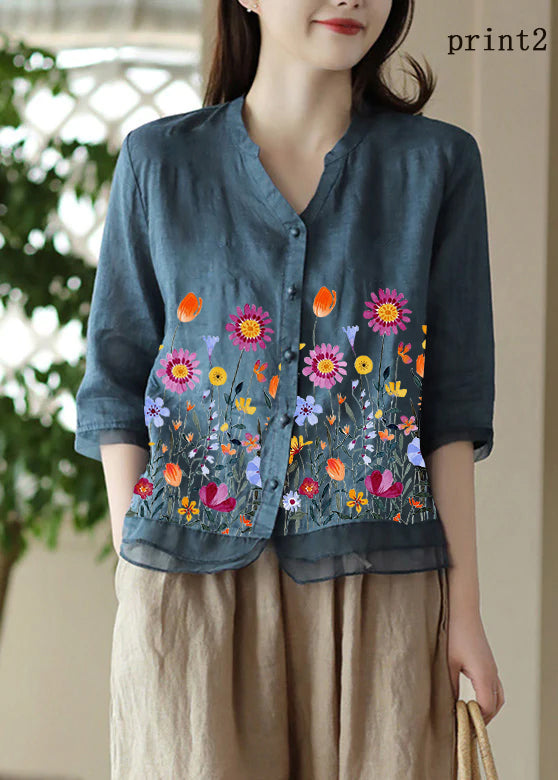 Red V Neck Embroidered Ramie Shirt Half Sleeve