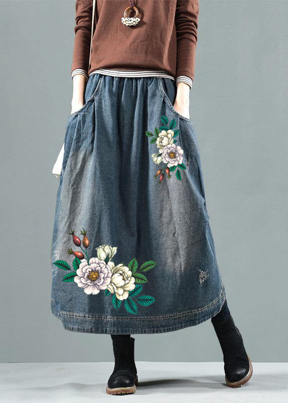 Blue-green Flower Pockets Retro Patchwork Summer Skirts Denim