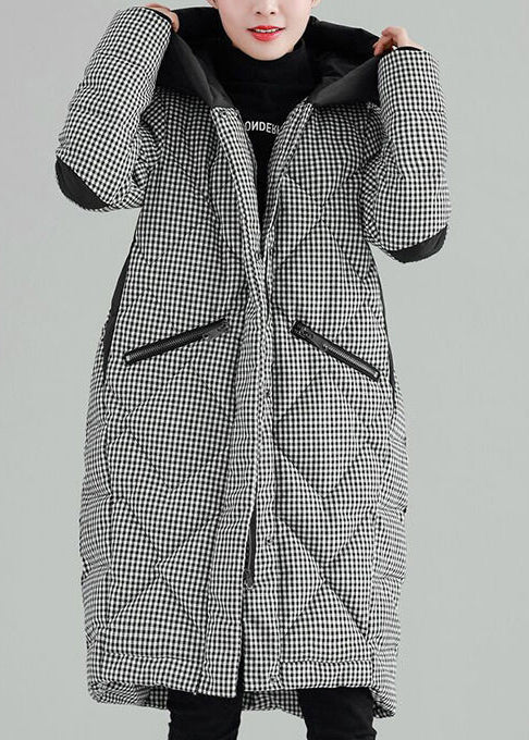 Clothing Outwear Black Plaid Hooded Pockets Zippered Parkas