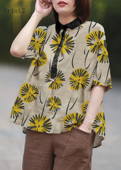Beige-print2 Peter Pan Collar Print Summer Linen Blouses Half Sleeve