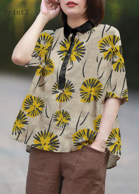 Beige-print2 Peter Pan Collar Print Summer Linen Blouses Half Sleeve