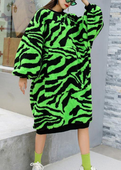 Comfy O Neck Thick Sweater Dress Outfit Green Striped Knitwear Dress