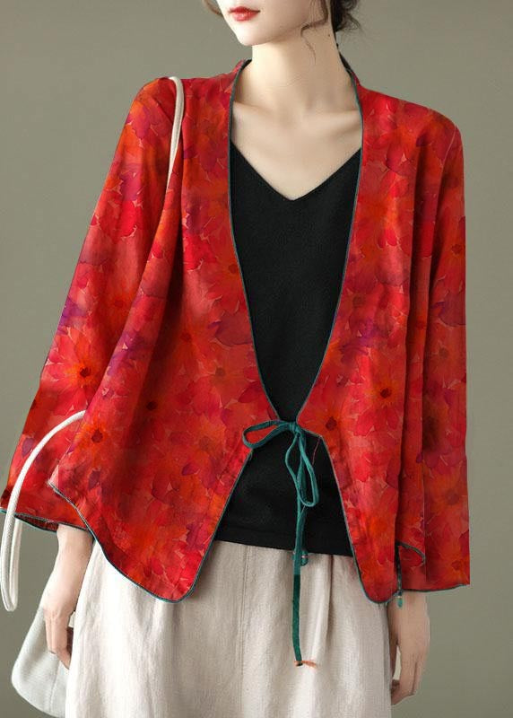 Red-fan Pattern Embroideried Long Sleeve Linen Shirt