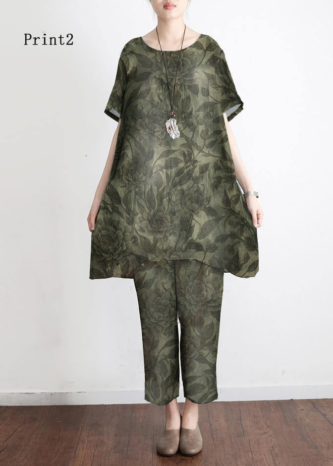 New Loose Green Print3 Short Sleeve Shirt Pants Linen Set