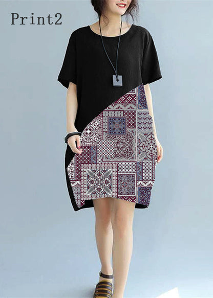 Fine Black -print3 Patchwork Linen Shift Dress Loose Fitting Cotton Clothing Dress Short Sleeve Wild Prints Knee Dresses