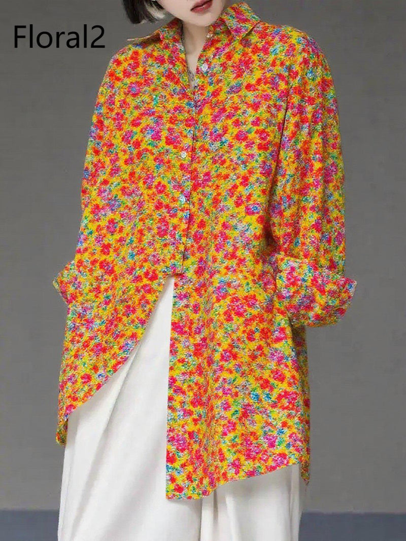 Unique Gradient Color4 Asymmetrical Design Side Open Cotton Long Shirts Spring