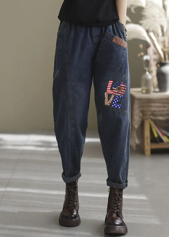 Natural Blue-sunflower Elastic Waist Pockets Denim Pants Spring