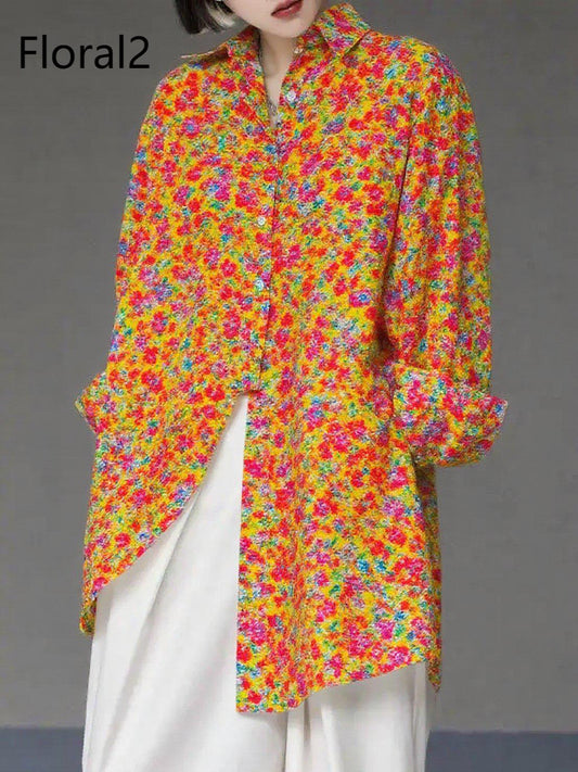 Unique Floral2 Asymmetrical Design Side Open Cotton Long Shirts Spring