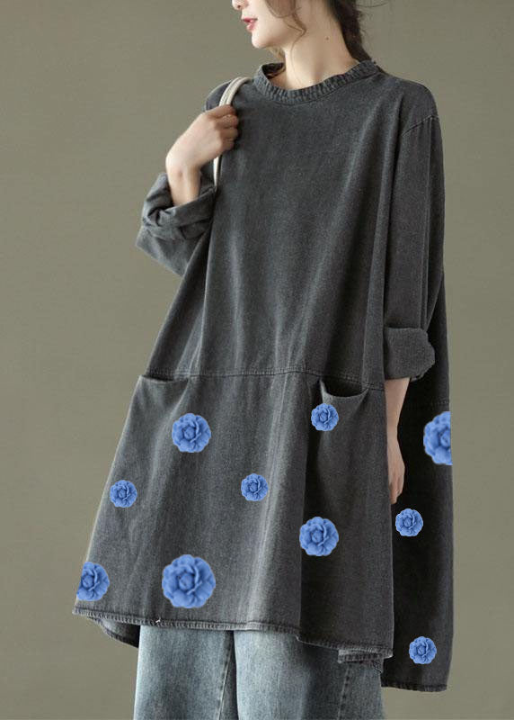 Black Grey O-neck Pockets Denim Long Dresses Long Sleeve
