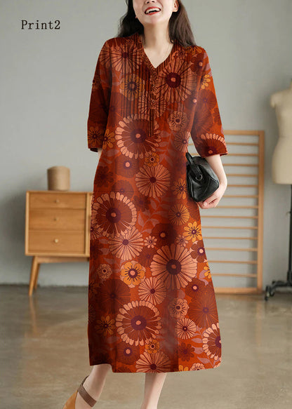 White Print8 Loose Linen Long Dresses Button Half Sleeve