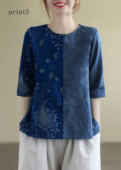 French Print3 O-neck Embroideried Cotton Blouses Half Sleeve