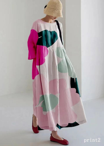 Flower Print3 Cotton Dresses Pockets Patchwork Spring