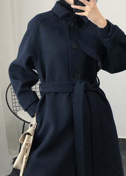 Loose Fitting Trench Coat Spring Navy Tie Waist Wool Coat