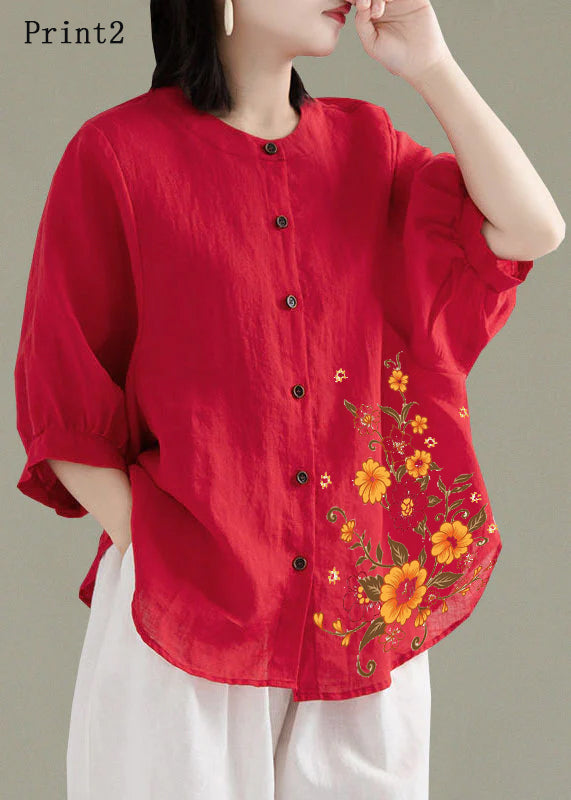 Art Red O-neck Button Linen Loose Shirt Top Lantern Sleeve