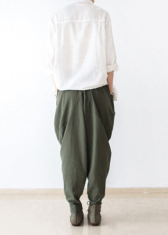 Autumn Tea Green Linen Pants Oversized Cotton Harem Pants Trousers