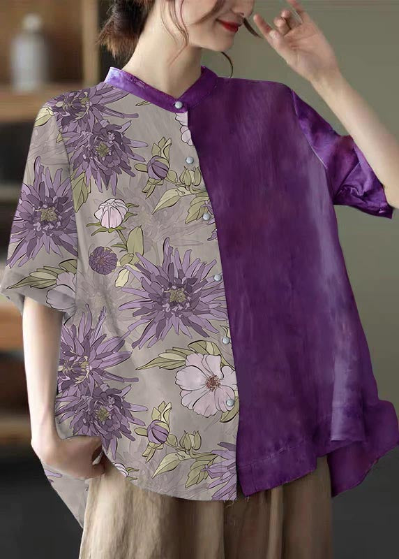Purple Flower Stand Collar Print Tops Half Sleeve