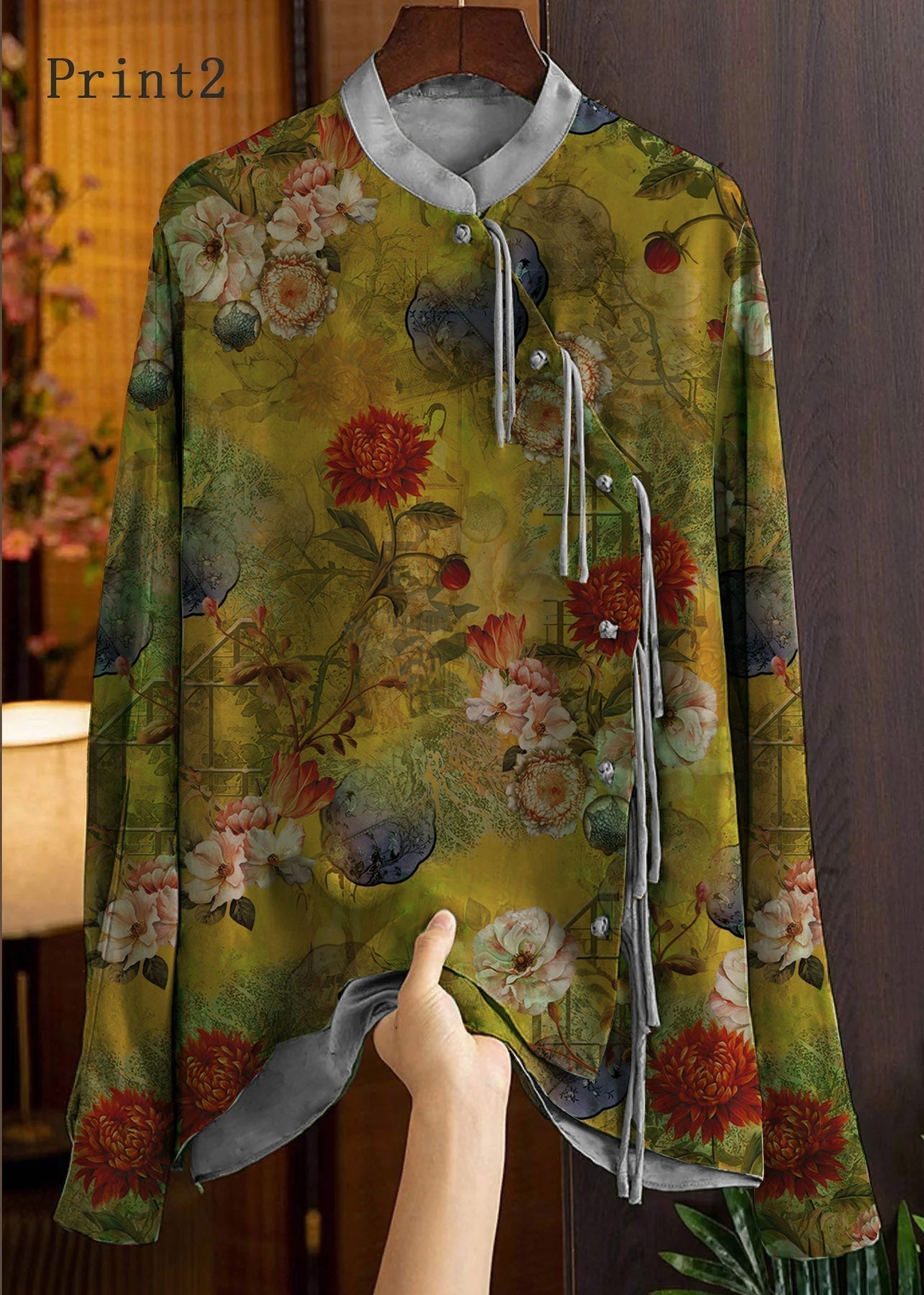Beautiful Green-Print3 Mandarin Collar Button Print Silk Shirt Top Spring