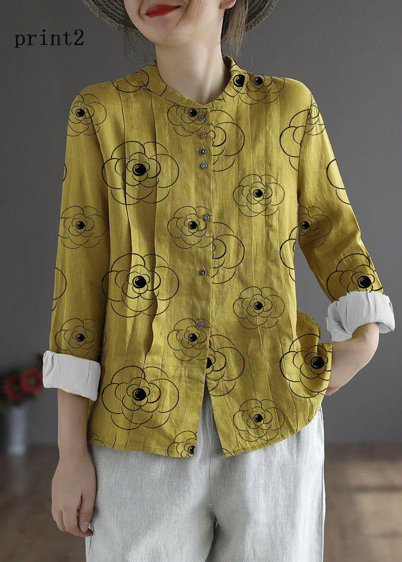Yellow-floral1 Button Fall Top Long Sleeve Linen