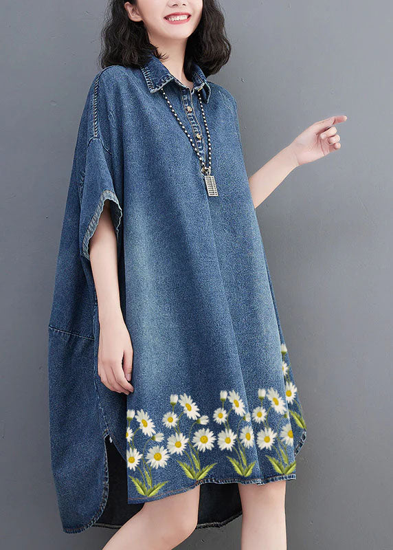 Loose Blue-little Flower Button Side Open Maxi Denim Dress Summer