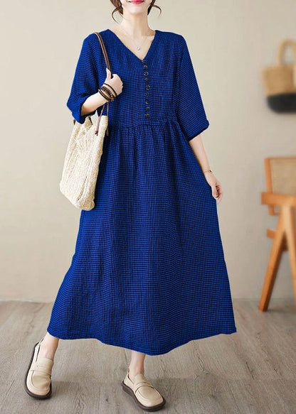 Purple V Neck Plaid Patchwork Button Linen Maxi Dresses Summer