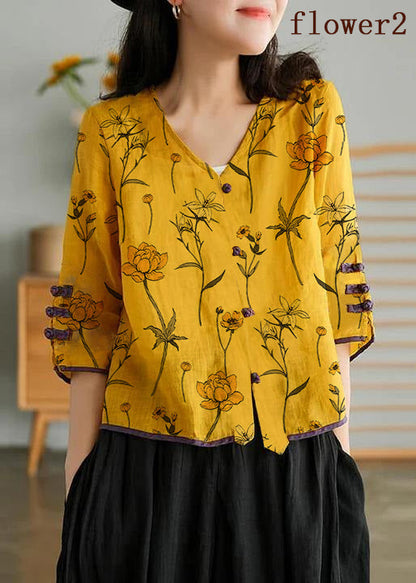 Yellow-striped Pattern Ramie Cardigan Embroidered Shirt