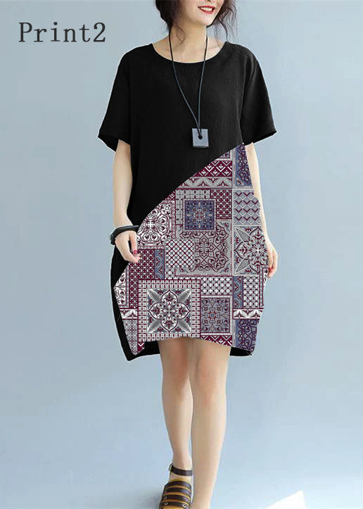 Fine Black -print2 Patchwork Linen Shift Dress Loose Fitting Cotton Clothing Dress Short Sleeve Wild Prints Knee Dresses