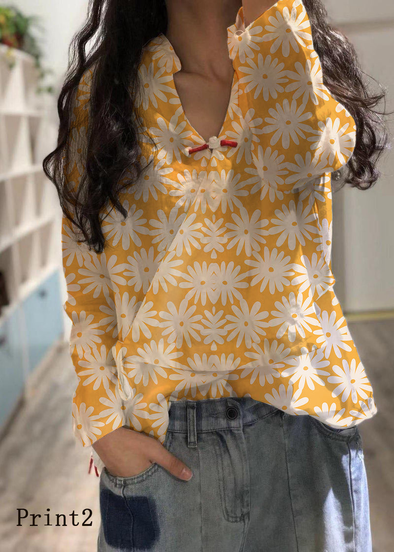 White-print3 Linen Blouse V Neck Fall Top