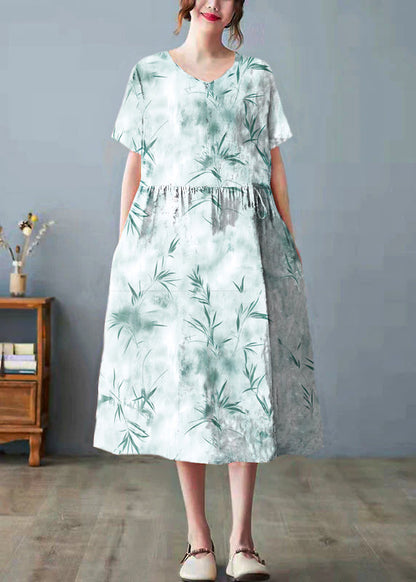 Orange Pockets Print O Neck Dress