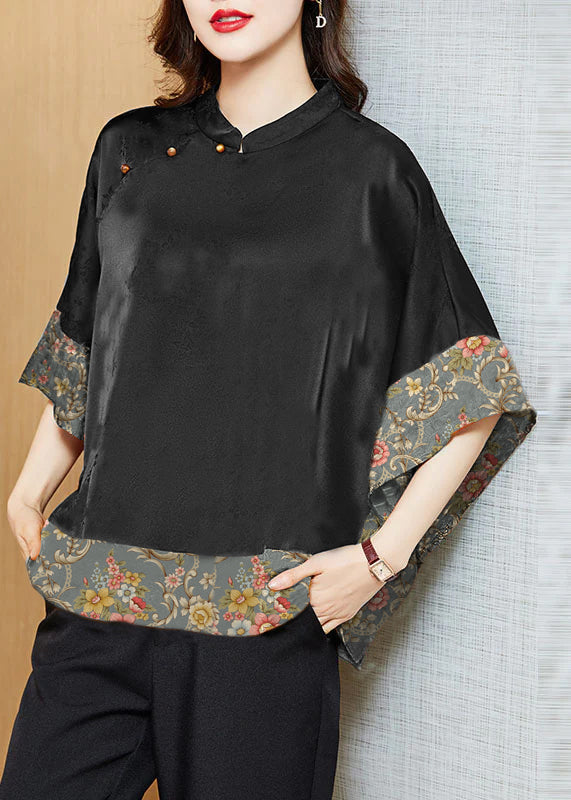 White Text Mandarin Collar Asymmetrical Patchwork Jacquard Silk Shirts Batwing Sleeve