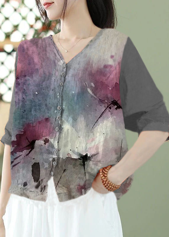 Grey Flowers Print Slim Fit Linen Shirt Top Half Sleeve