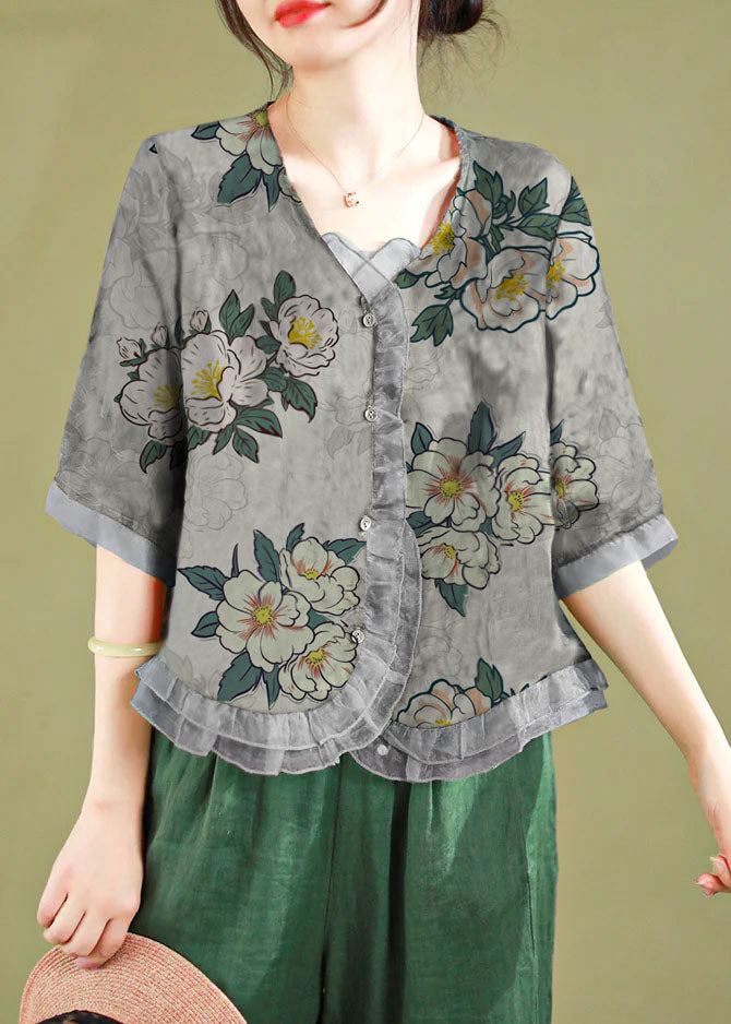 Pink Polka Dots Ruffled Button Patchwork Linen Blouse Top Summer