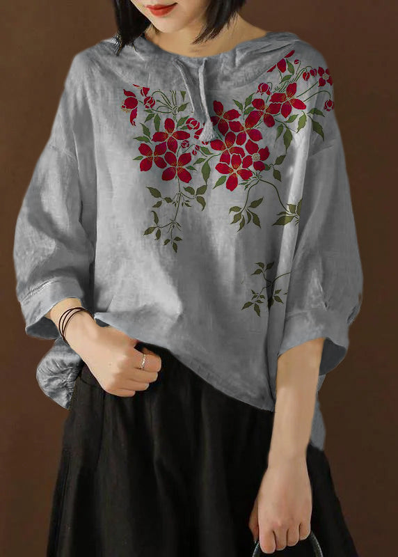 Unique Blouse Indian Linen Summer Literary White Flowers Hooded Three Quarter Sleeve T-shirt