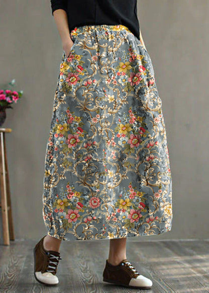 Grey- Elastic Waist Patchwork Print Fine Cotton Filled Skirt Winter